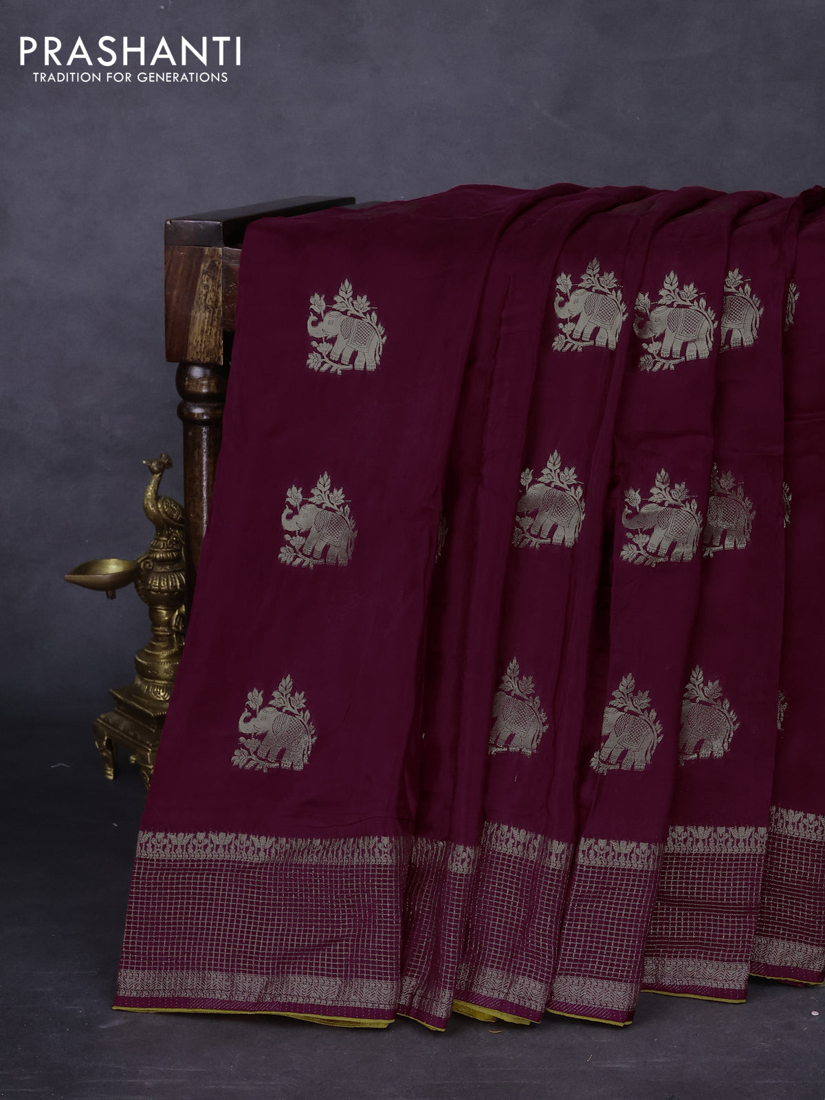 Banarasi silk saree wine shade and mustard yellow with zari woven elephant buttas and zari woven border