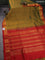 10 Yards silk cotton saree mehendi green and red with allover small zari checked pattern and zari woven border