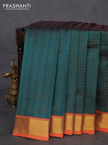 10 Yards silk cotton saree peacock green and orange with allover thread weaves and zari woven border