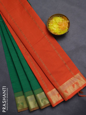 10 Yards poly cotton saree green and orange with plain body and zari woven border