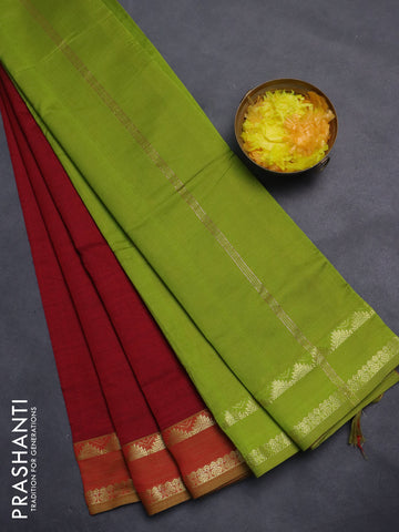 10 Yards poly cotton saree maroon and light green with plain body and rettapet zari woven border