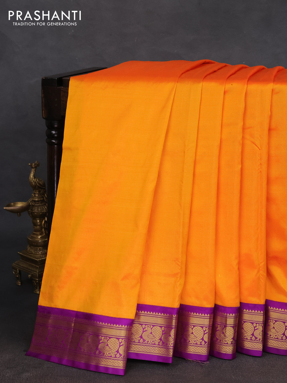 10 yards silk saree mango yellow and purple with plain body and temple design annam zari woven border