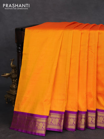 10 yards silk saree mango yellow and purple with plain body and temple design annam zari woven border