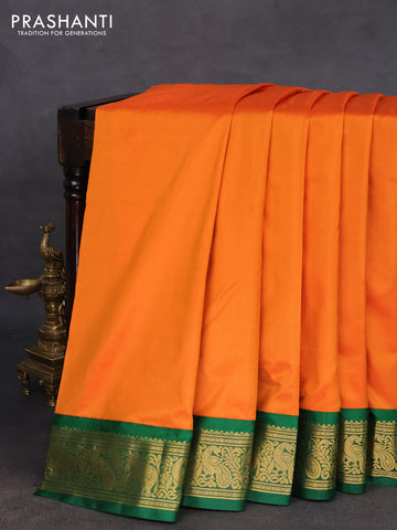 10 yards silk saree mango yellow and green with plain body and zari woven korvai border