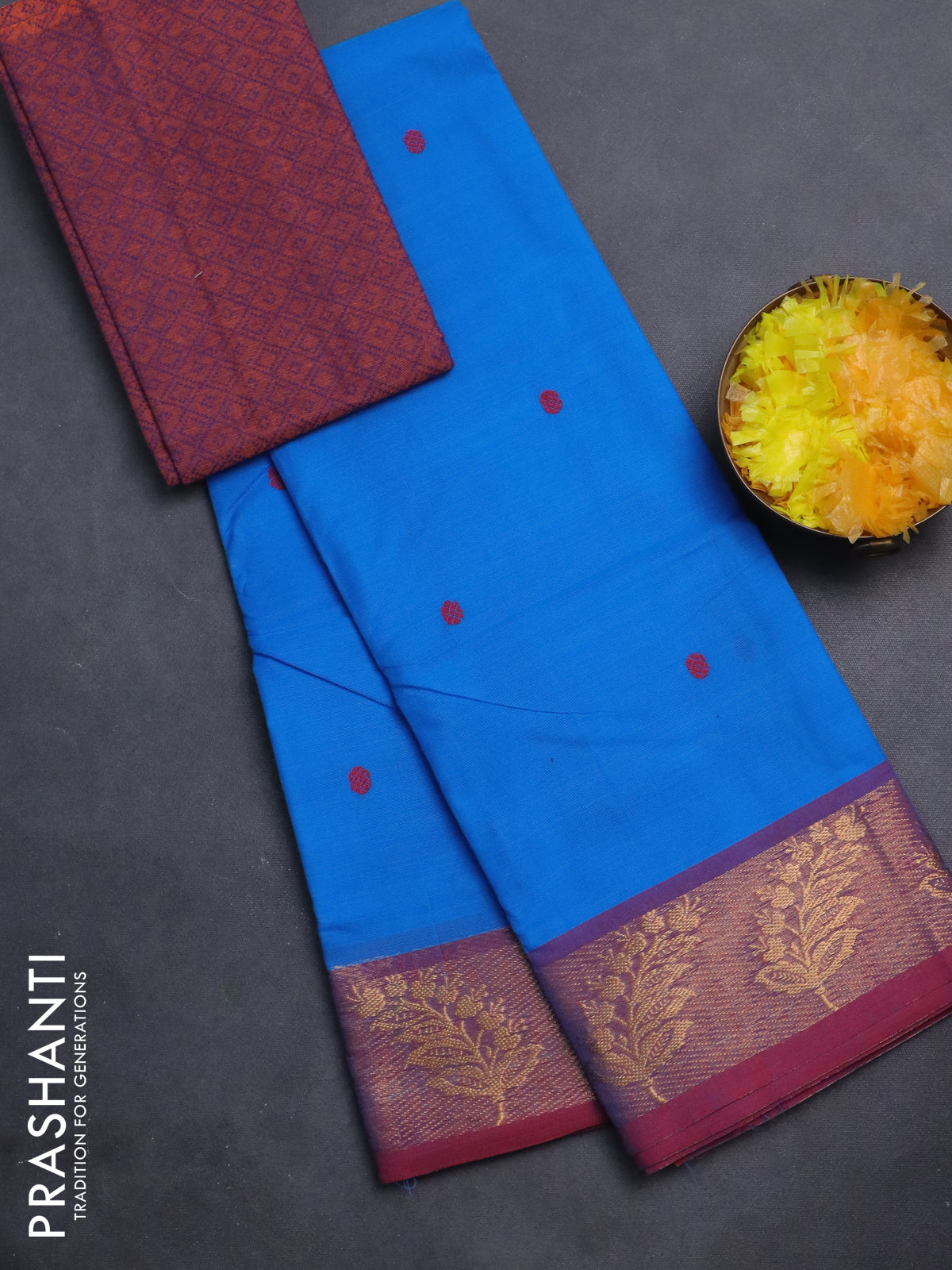 Chettinad cotton saree cs blue and maroon with thread woven buttas and zari woven border