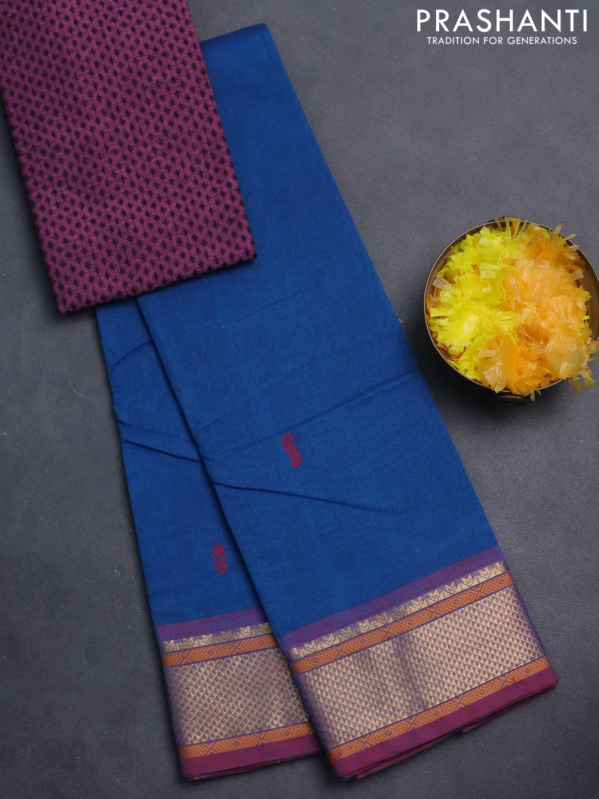 Chettinad cotton saree cs blue and dark pink with thread woven buttas and zari woven border