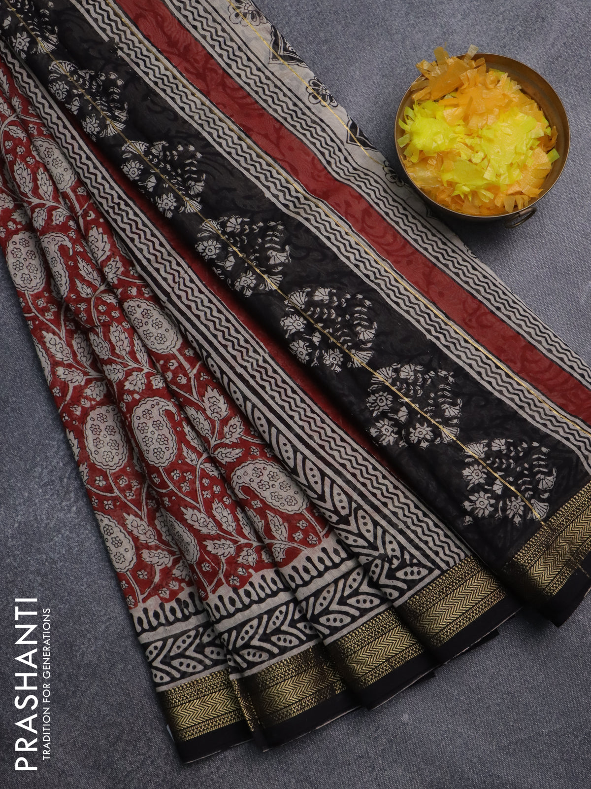 Chanderi bagru saree maroon and black with allover kalamkari prints and mageshwari border