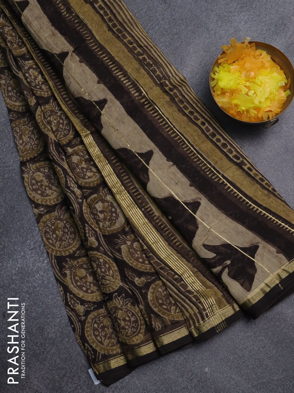 Chanderi bagru saree dark brown with allover prints and small zari woven border