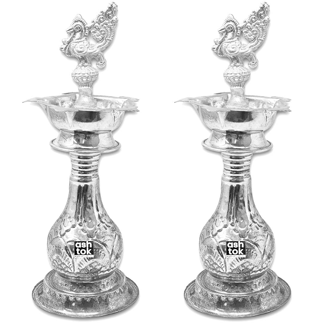 German Silver Peacock Diya Oil lamp Samayi with Peacock Top, Diya Set of 2 Pcs