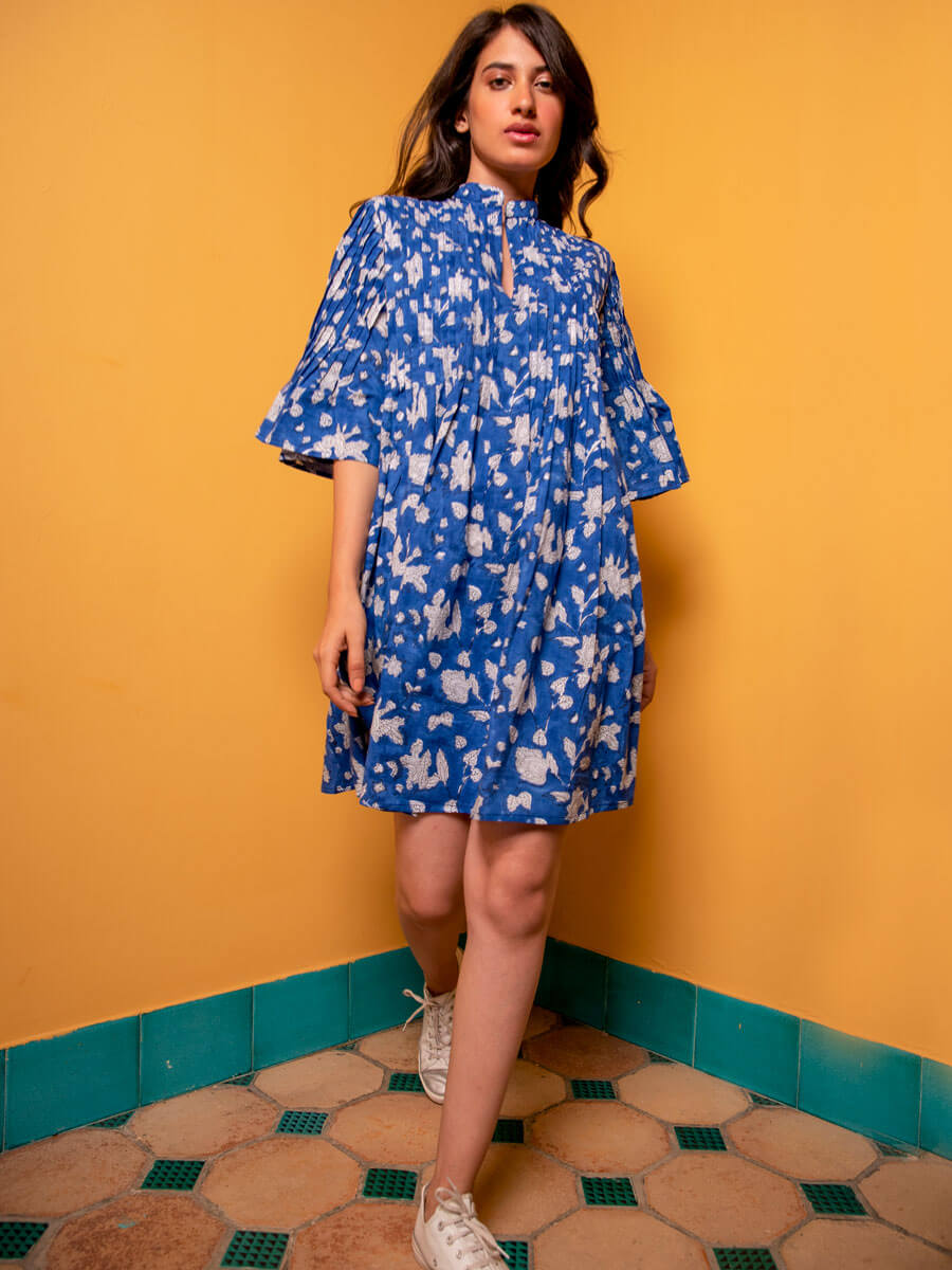 Blue Paradise Block Printed Cotton Pintuck Dress