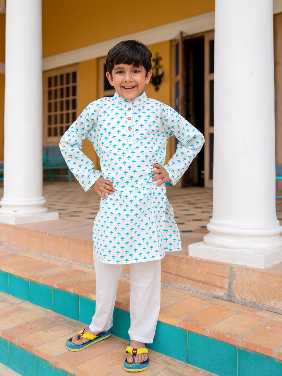 Turquoise Umbrella Organic Cotton Long Kurta