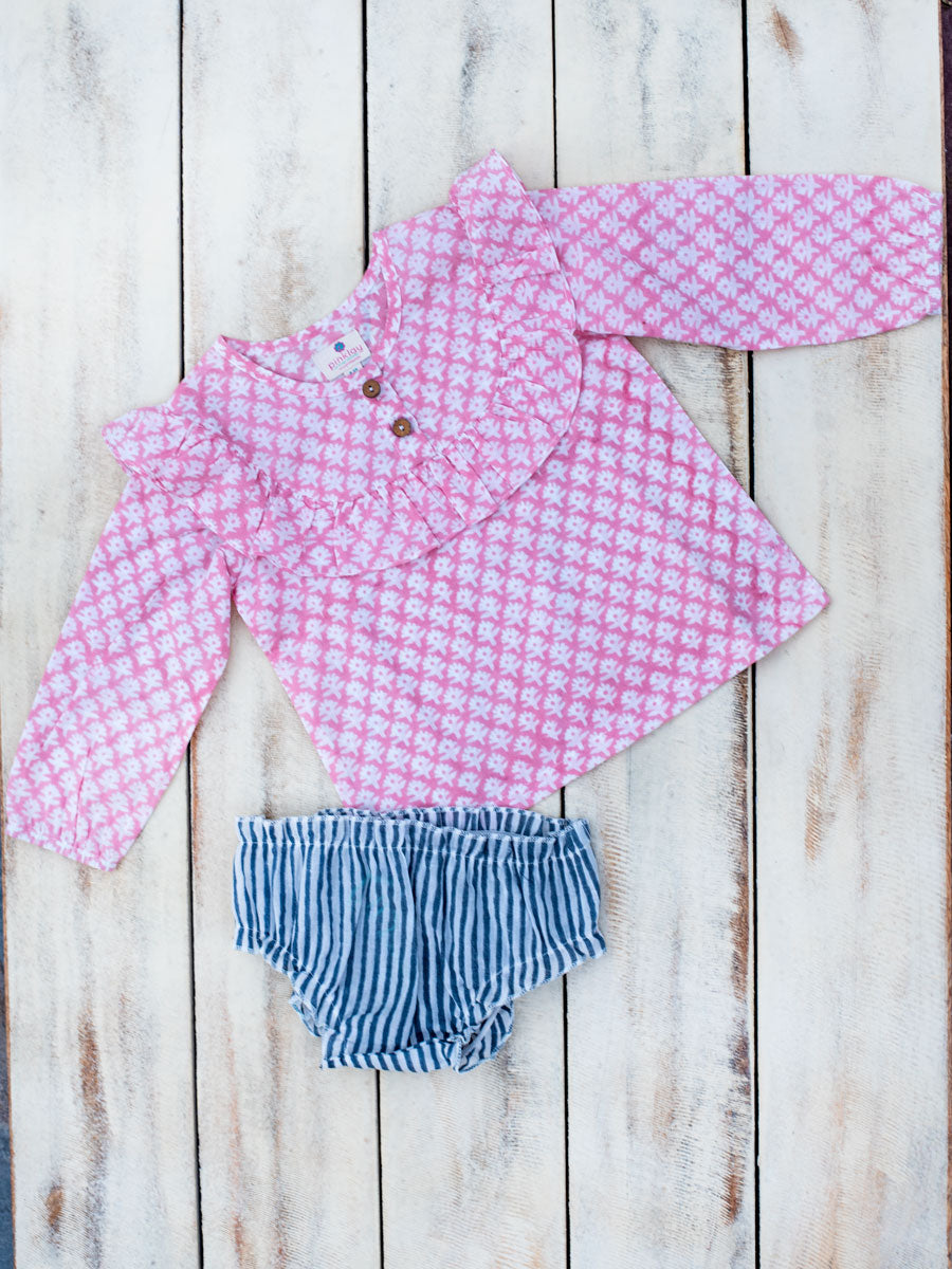 Pink Floral Block Printed Cotton Bloomer Set