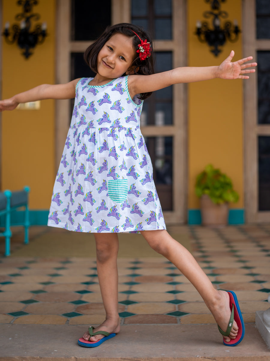 Unicorn Everyday Organic Cotton Block Printed Dress With Pocket