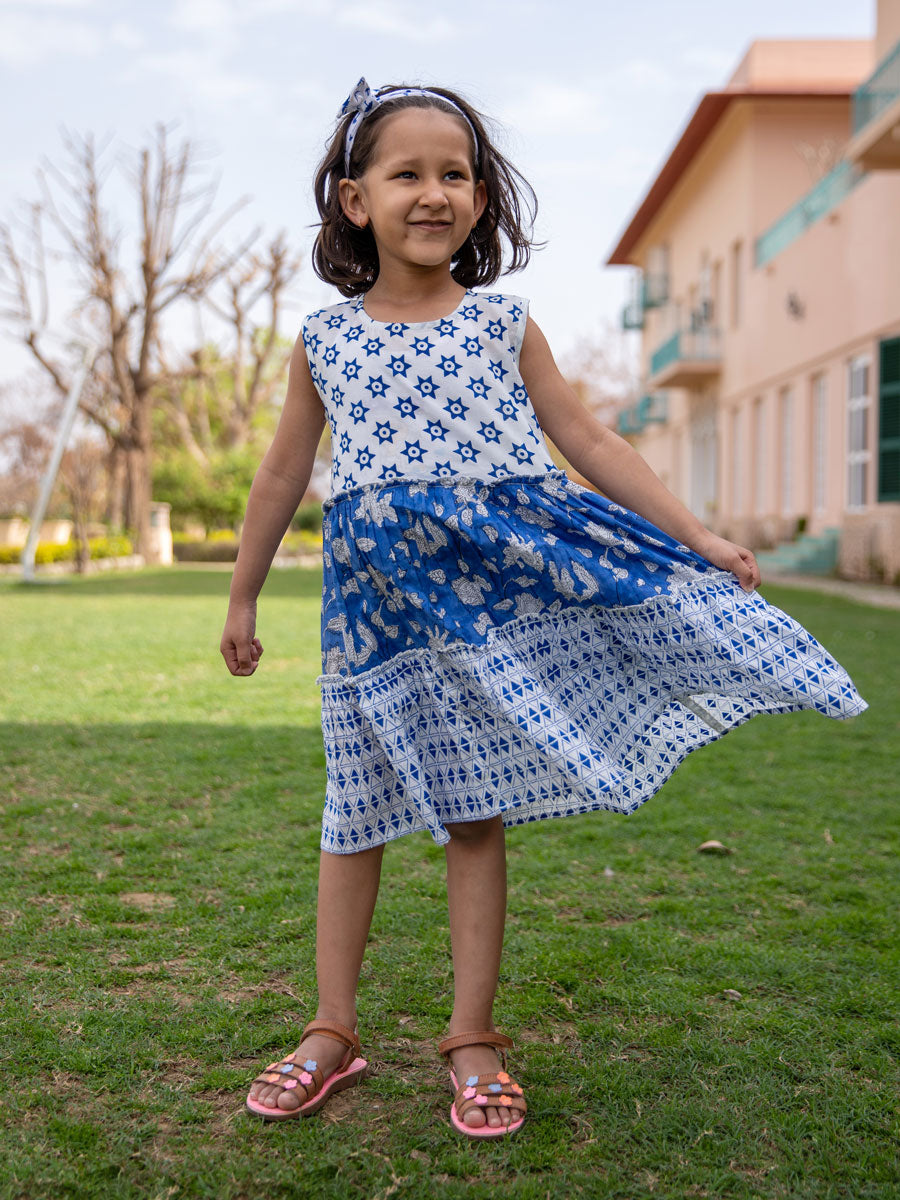Blue Wonder Organic Cotton Block Printed Sleeveless Dress