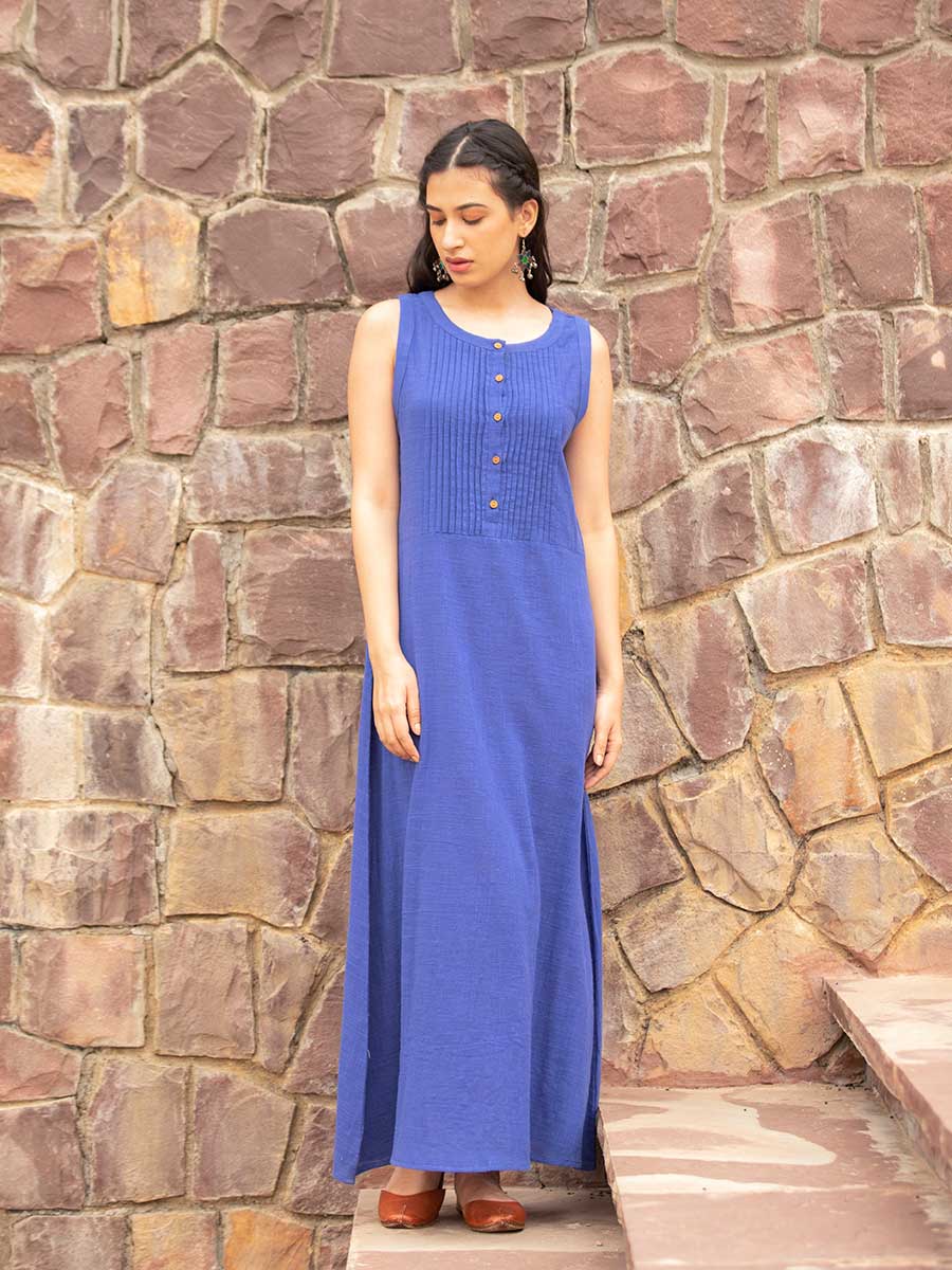 Neela Indigo Sleeveless Cotton Pintuck Dress