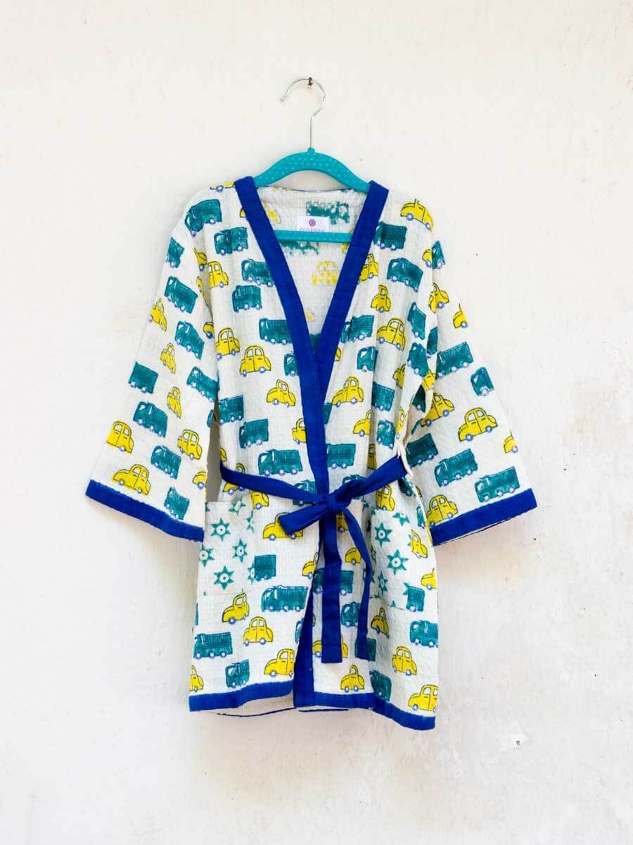 Power Wheels Block Printed Waffle Cotton Bath Robe