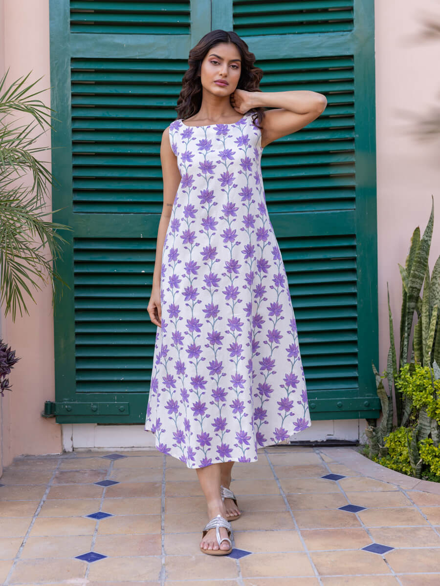 Kavya Block Printed Sleeveless Cotton Dress/Kurta