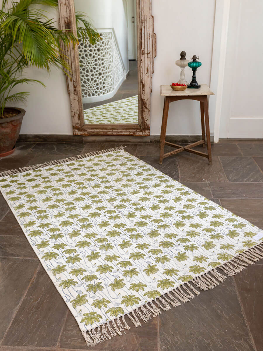 Olive Lotus Block Printed Cotton Dhurrie Rug