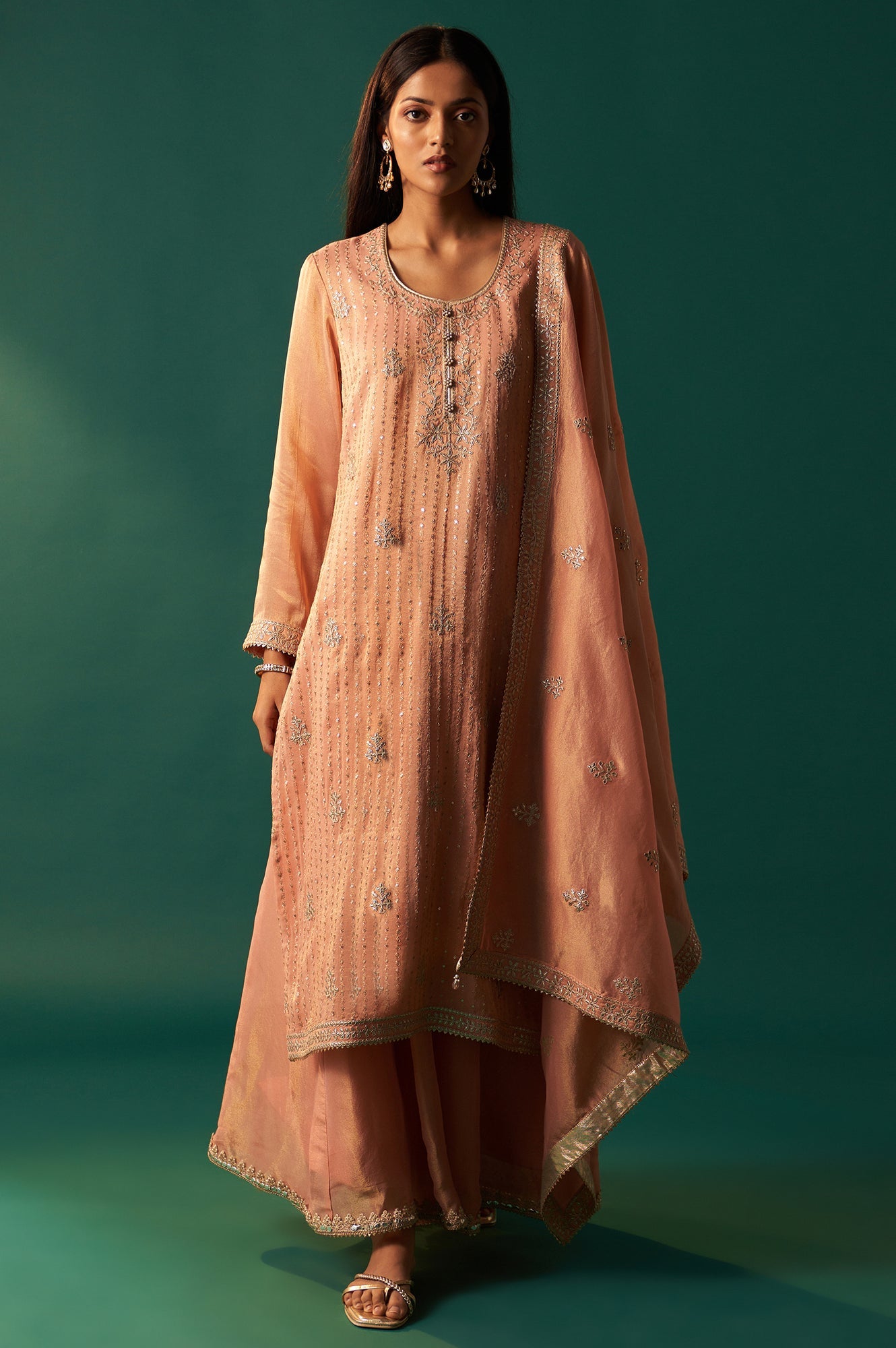 Pink Dori Embroidered Straight Tissue Organza Kurta with Culotte and Dupatta Set