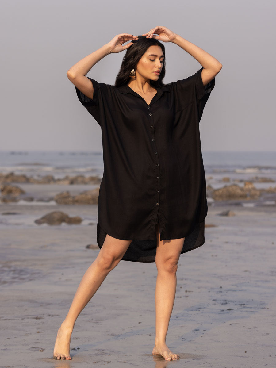 Sajdaa Black Oversized Asymmetrical Long Shirt