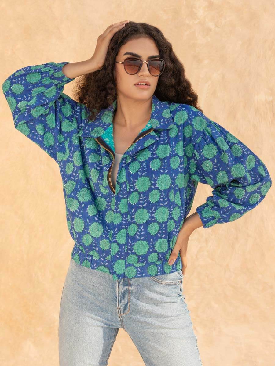 Sherpa Kantha Embroidered Block Printed Bomber Jacket