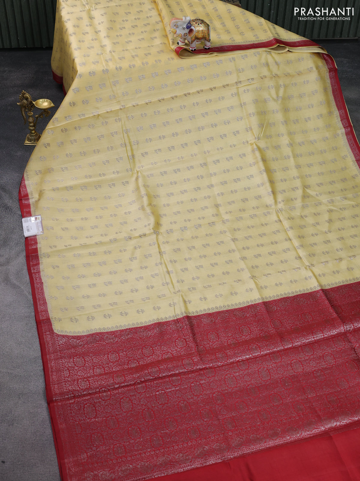 Chiniya silk saree pale yellow and red with allover thread & zari woven buttas and woven border