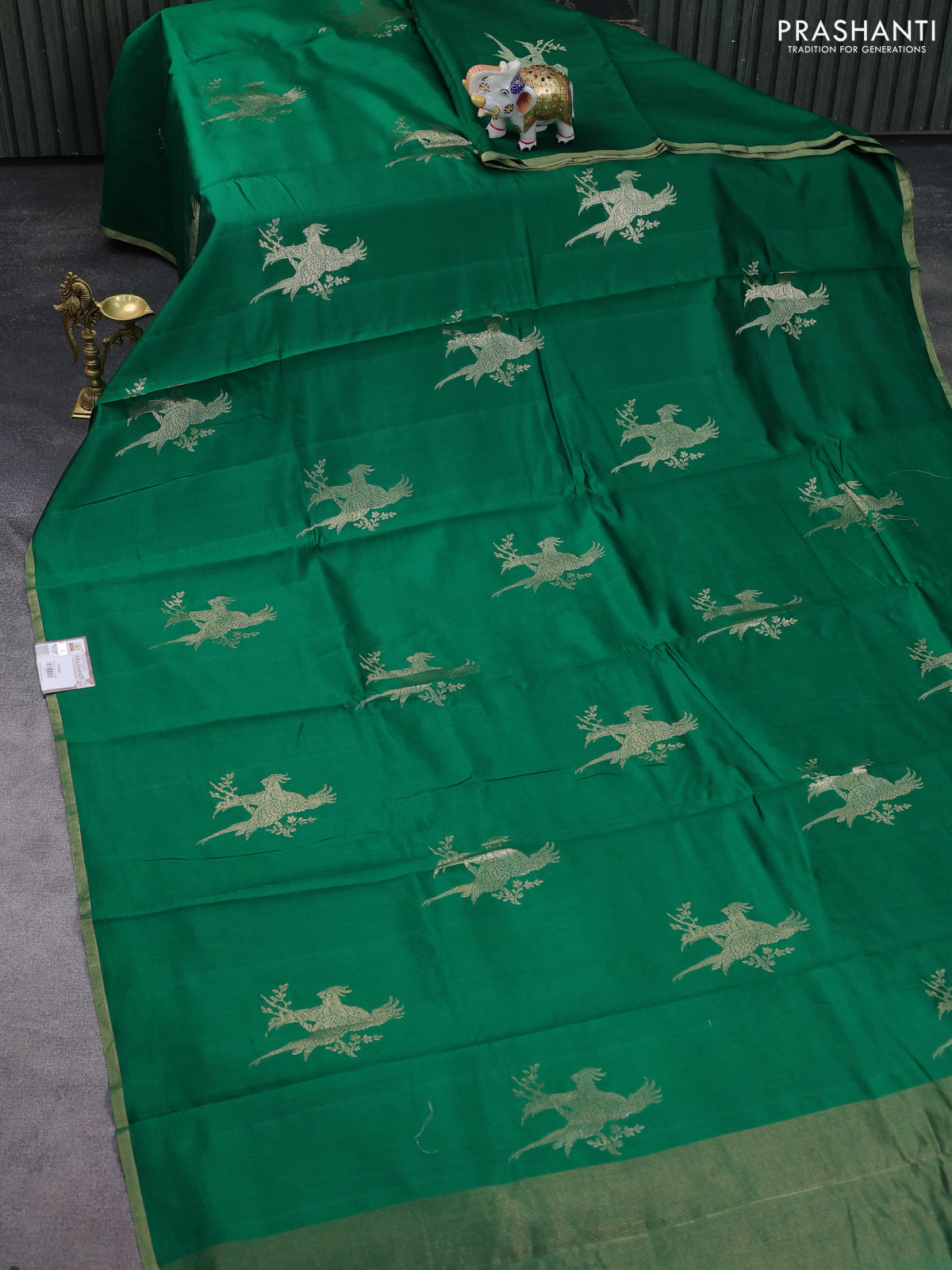 Chiniya silk saree green and red with parrot zari woven buttas and zari woven piping border