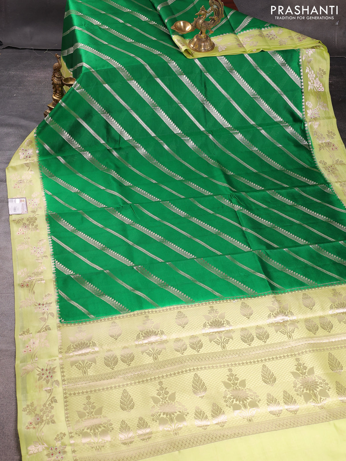 Banarasi poona silk saree green and light green with allover zari weaves and zari woven border