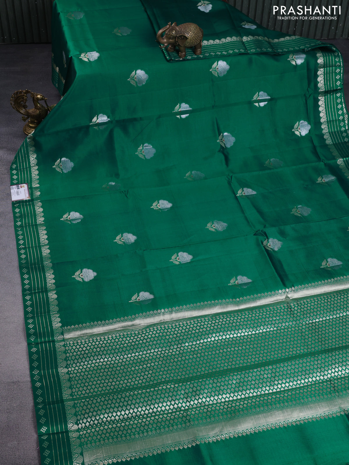 Banarasi poona silk saree green and violet with zari woven floral buttas and zari woven border