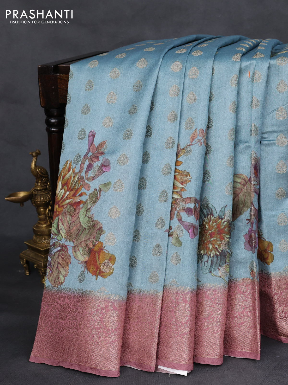 Chiniya silk saree pastel blue and pastel maroon with woven buttas & digital prints and zari woven border