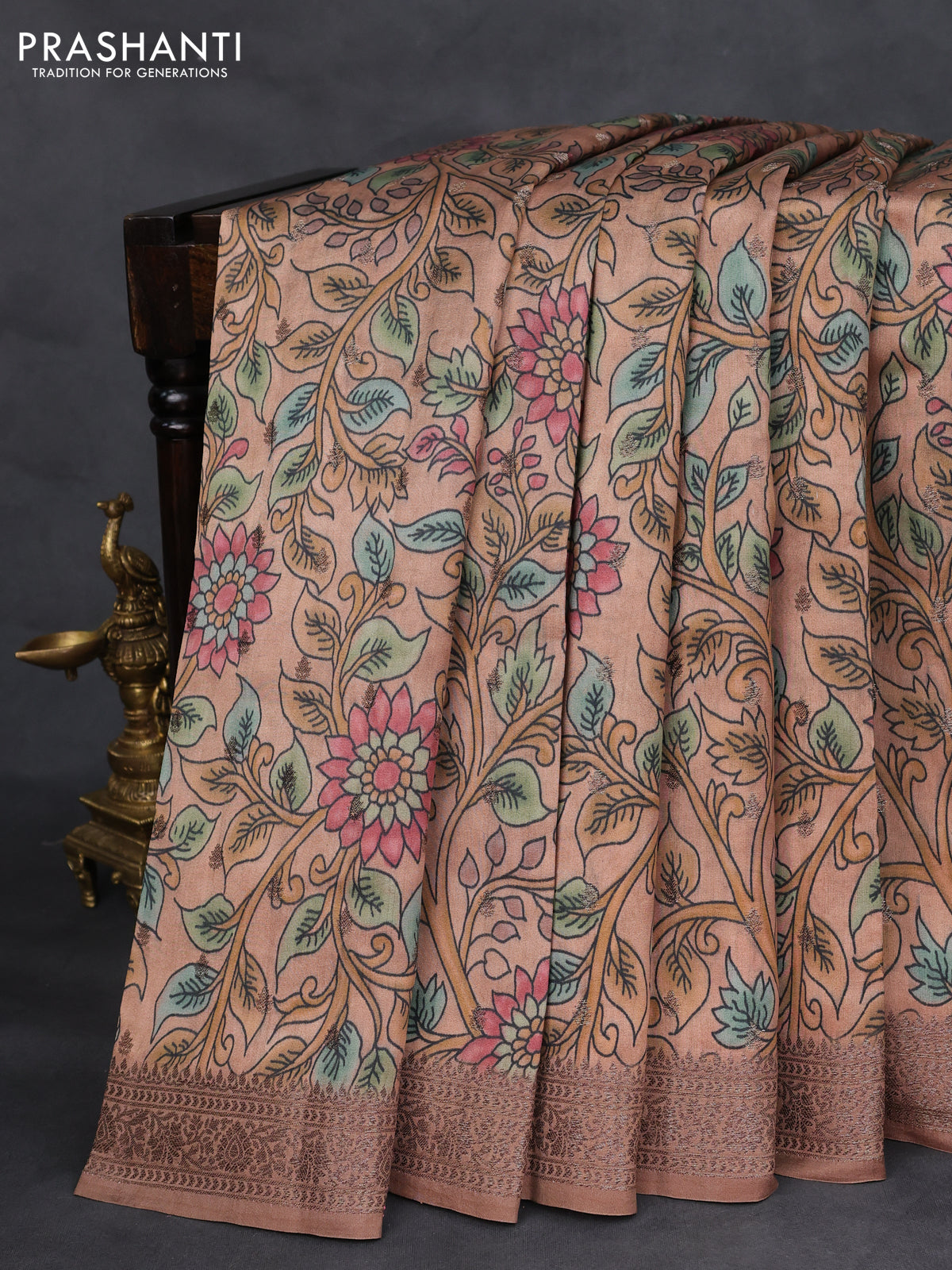 Chiniya silk saree brown with allover woven buttas & kalamkari digital prints and banarasi style border