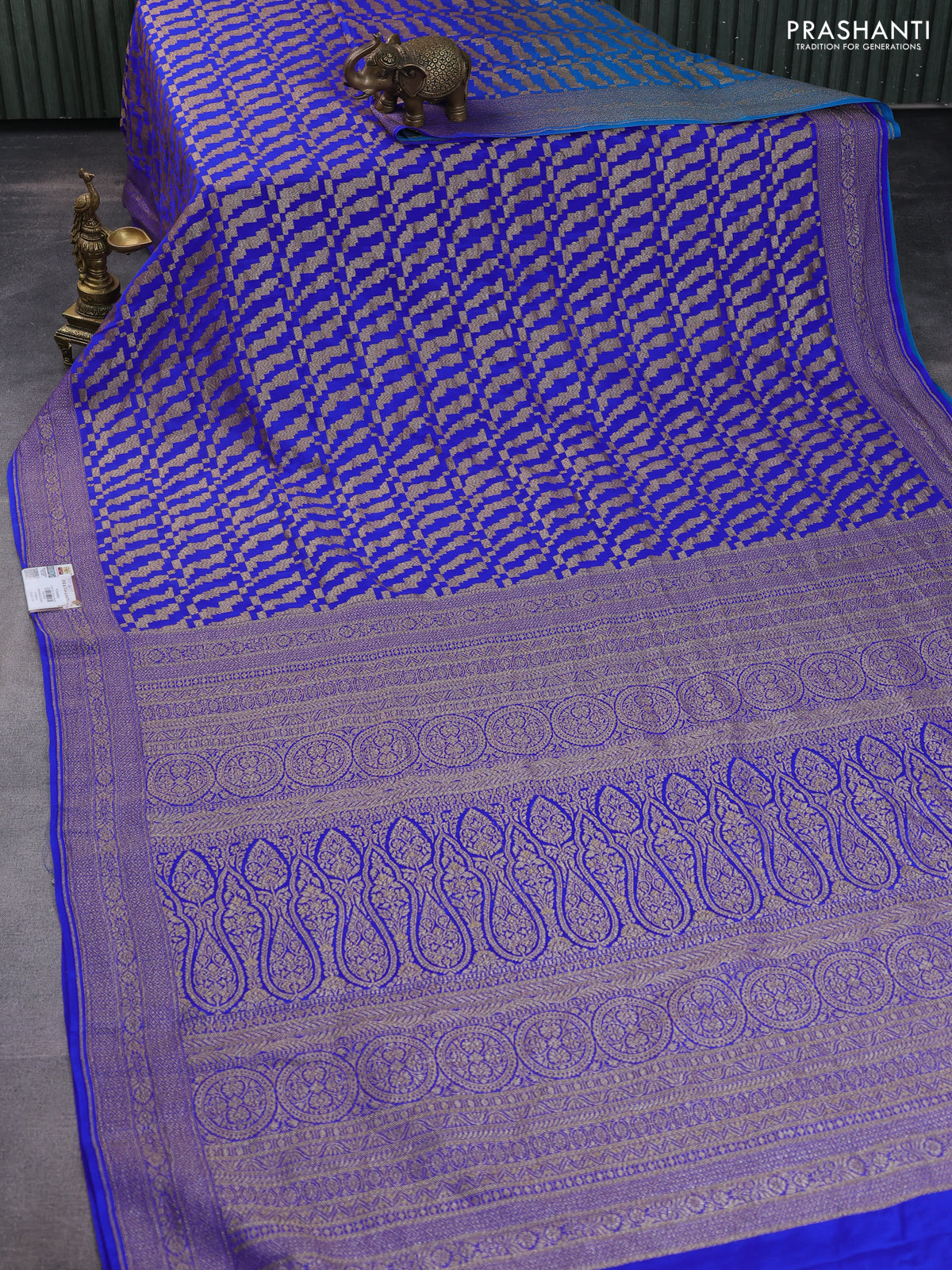 Banarasi crepe saree royal blue and cs blue with allover geometric zari weaves and woven border