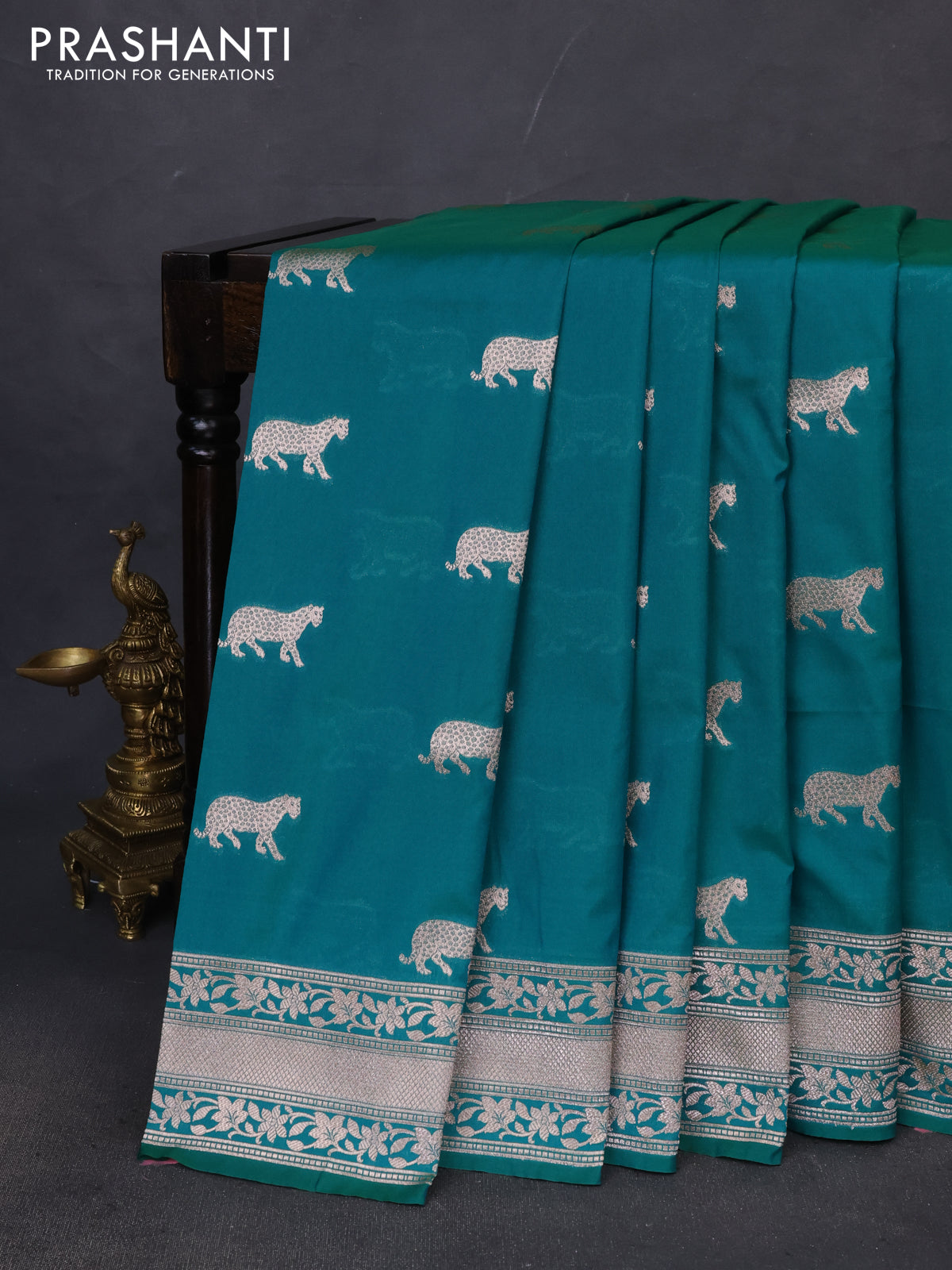 Banarasi semi katan saree teal green with zari woven buttas and zari woven border