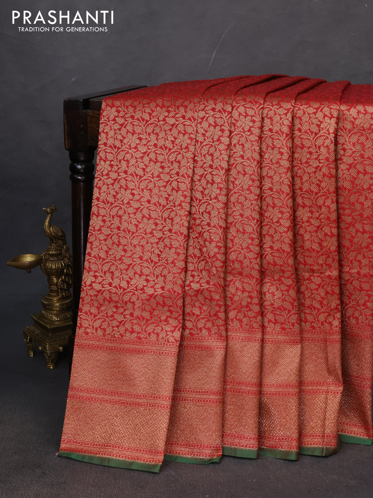 Banarasi semi katan saree red and green with allover thread & zari woven brocade pattern and woven border