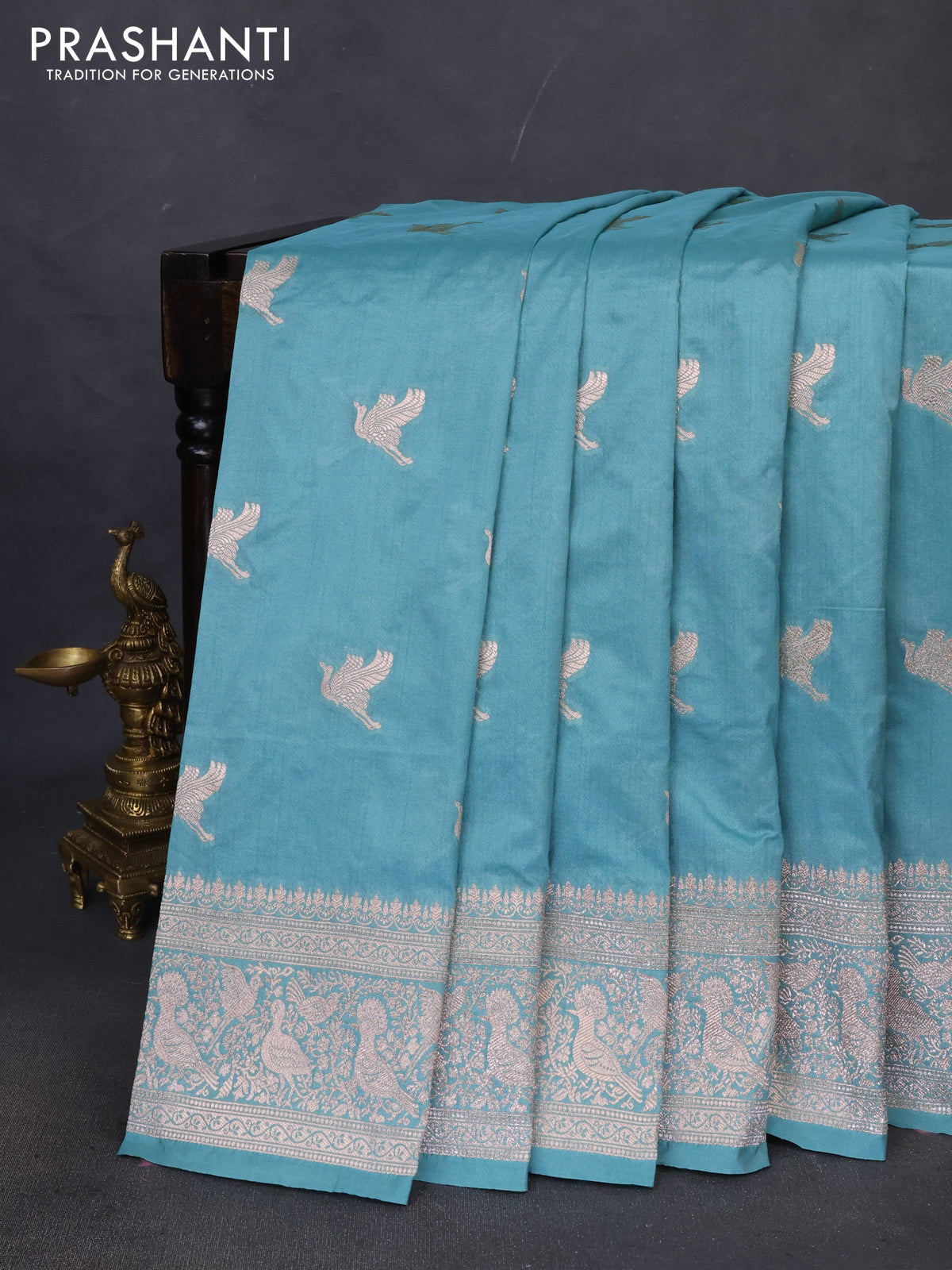 Banarasi semi katan saree teal blue with zari woven buttas and zari woven border