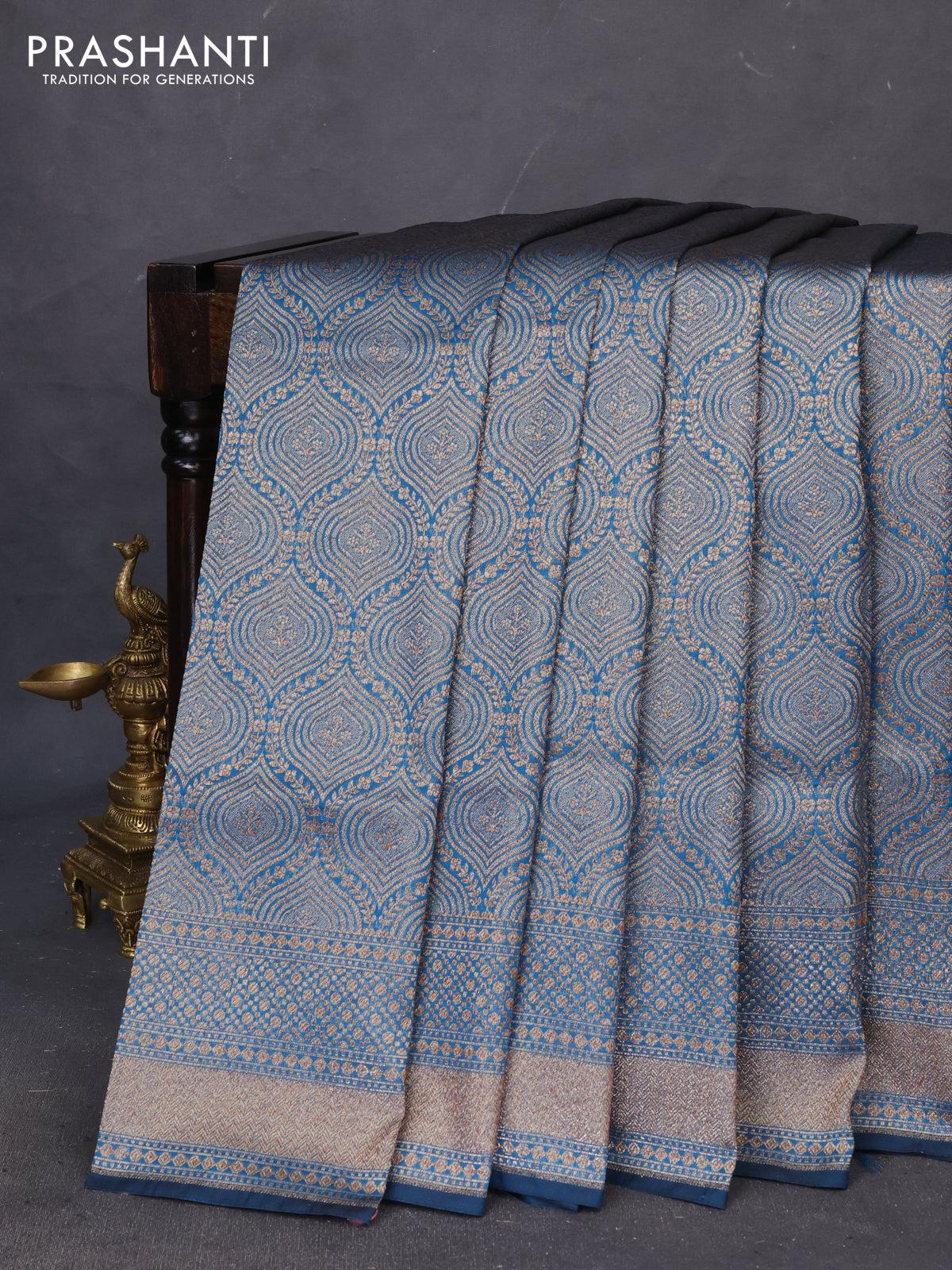 Banarasi semi katan saree peacock blue with allover thread & zari woven brocade weaves and woven border