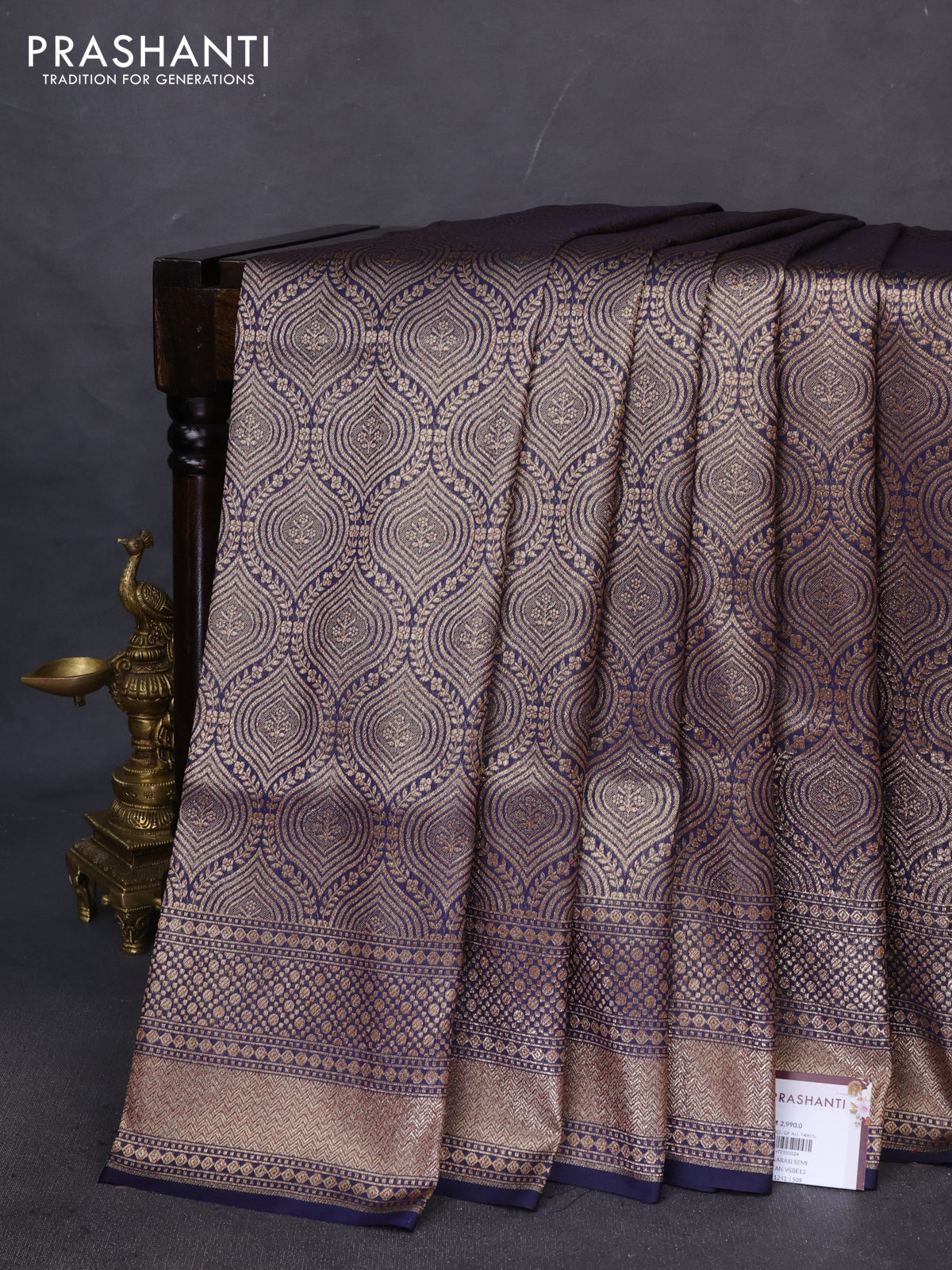 Banarasi semi katan saree navy blue with allover thread & zari woven brocade weaves and woven border