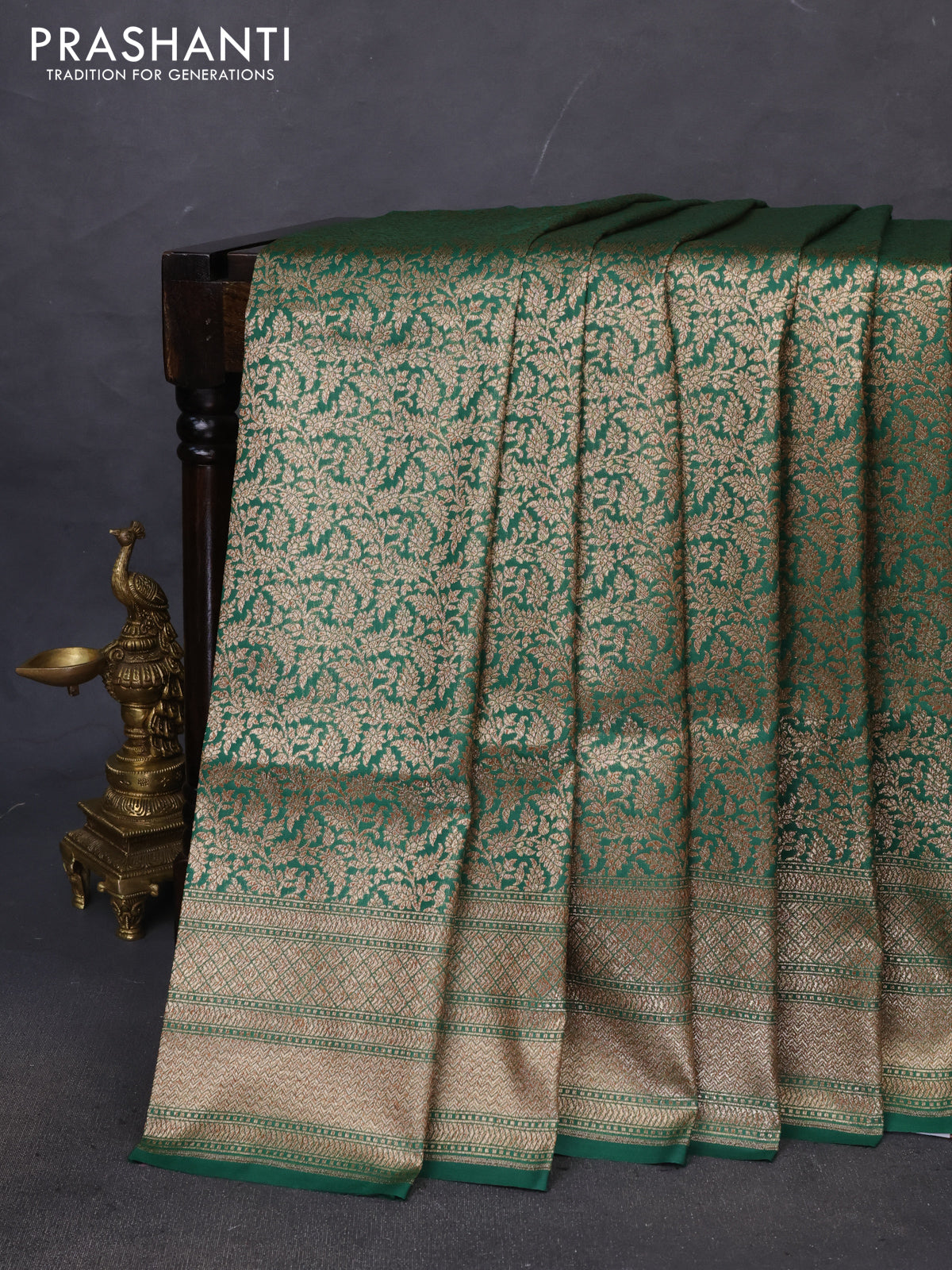 Banarasi semi katan saree green with allover thread & zari brocade weaves and woven border