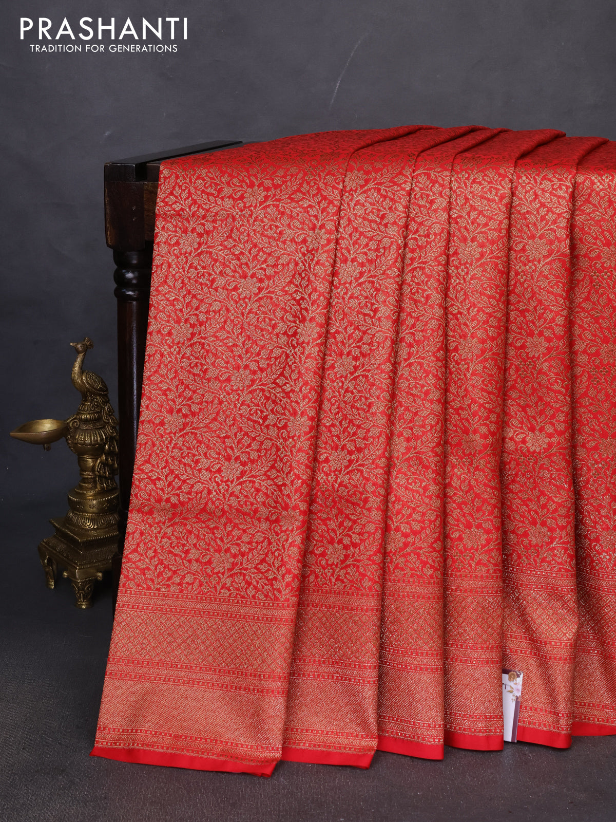 Banarasi semi katan saree red with allover thread & zari brocade weaves and woven border