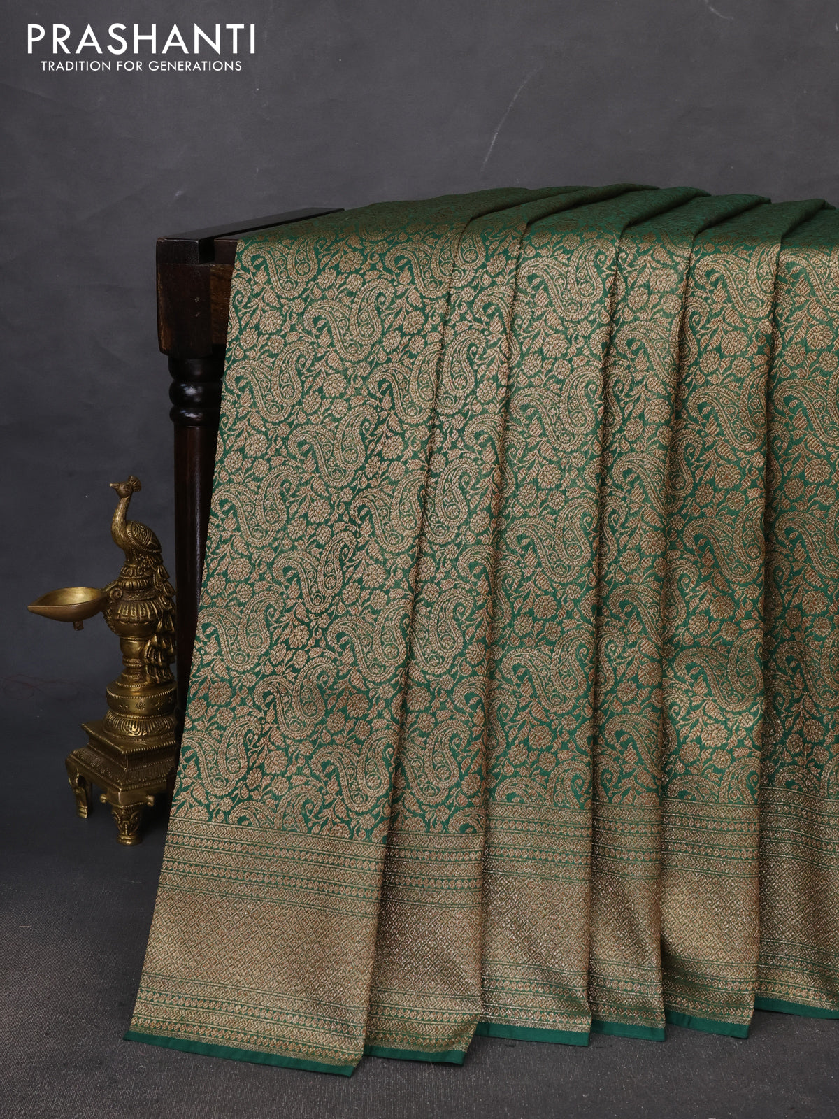 Banarasi semi katan saree green with allover thread & zari brocade weaves and woven border