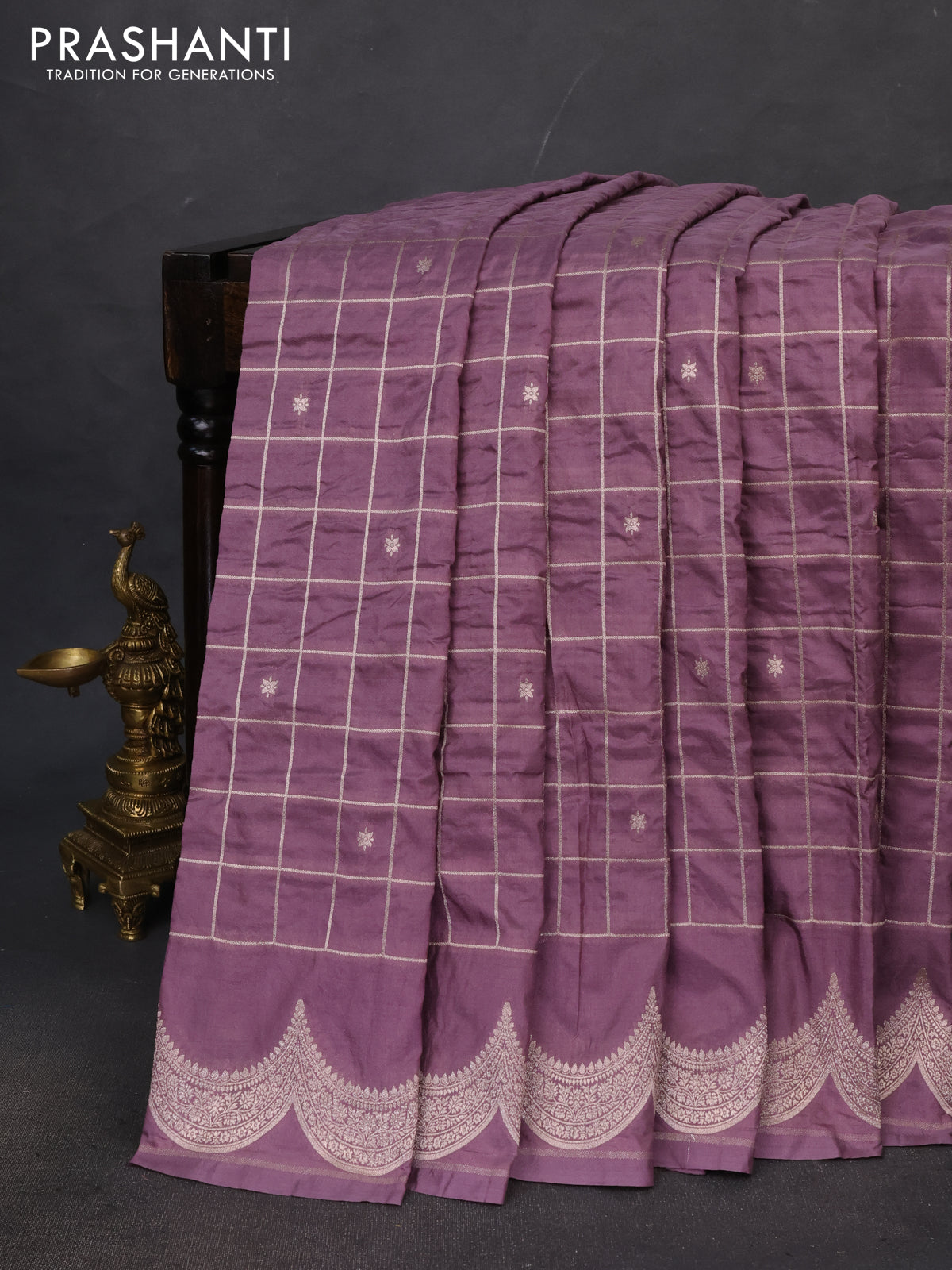 Banarasi semi katan saree pastel lavender with allover zari checks and zari woven border