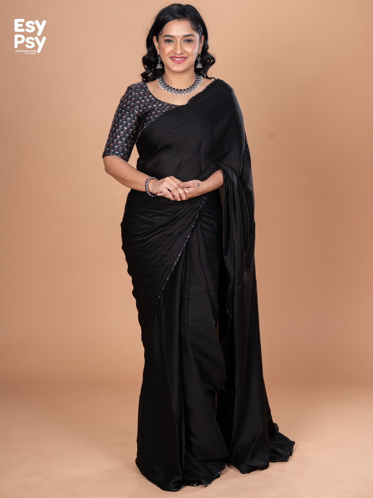 Black Satin Crepe readymade saree with readymade ajrakh printed blouse