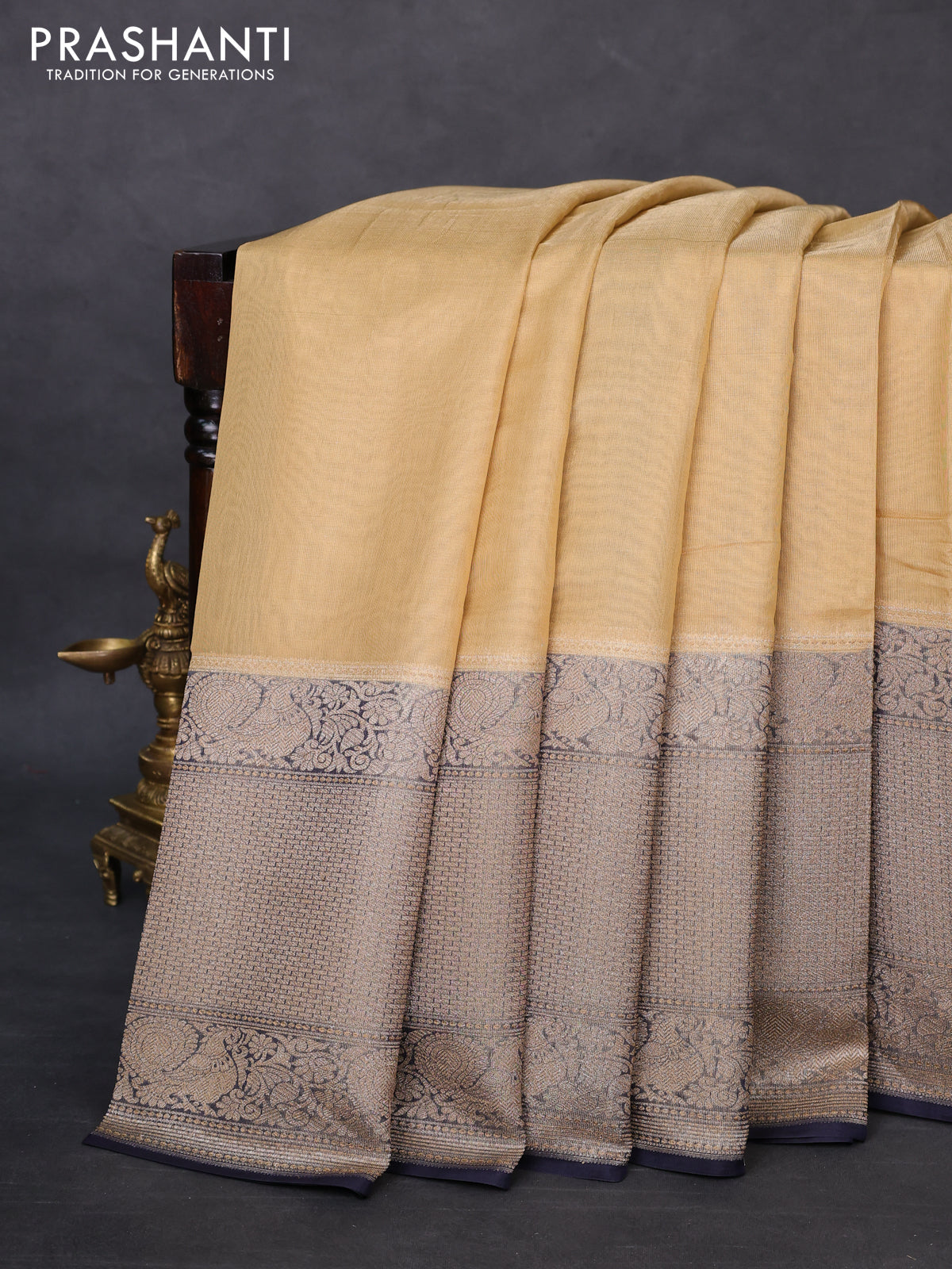 Banarasi tissue silk cotton saree sandal and navy blue with plain body and long woven border