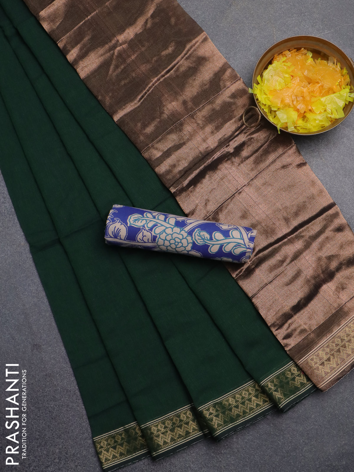 Bengal soft cotton saree green and blue with plain body and zari woven border