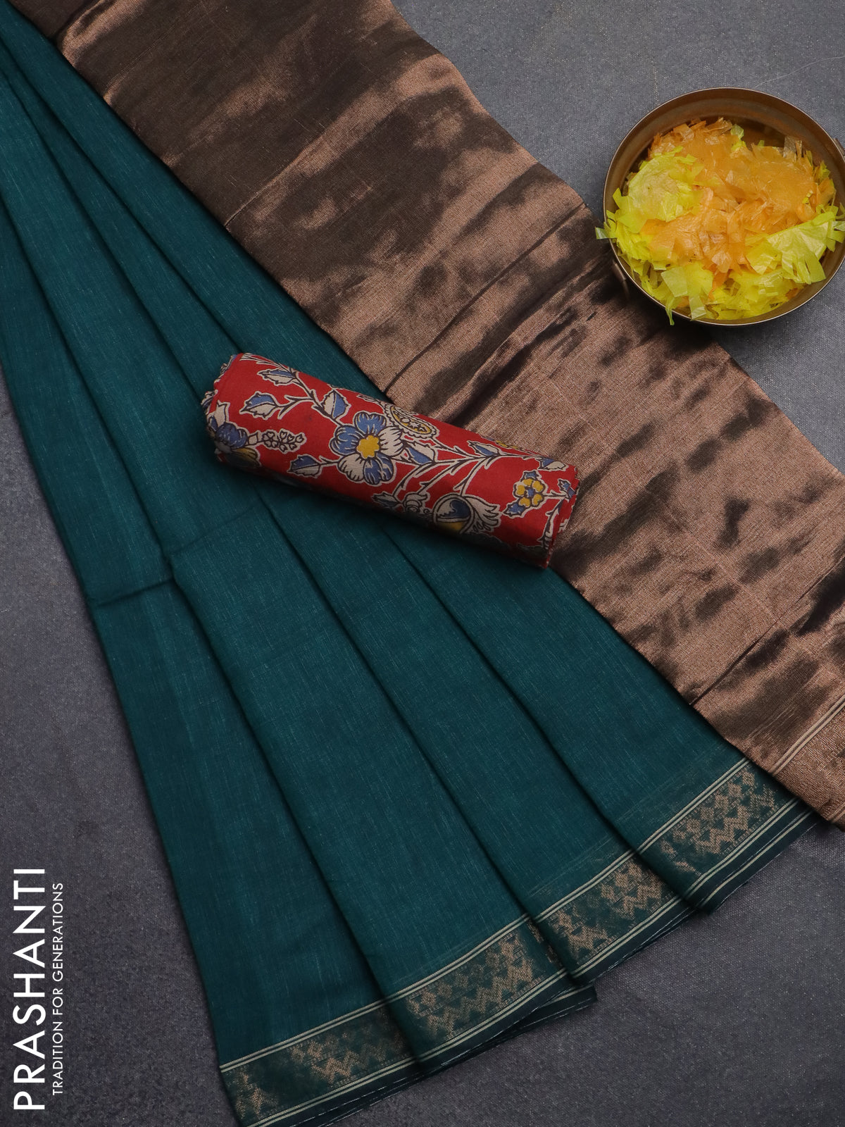 Bengal soft cotton saree teal green and red with plain body and zari woven border