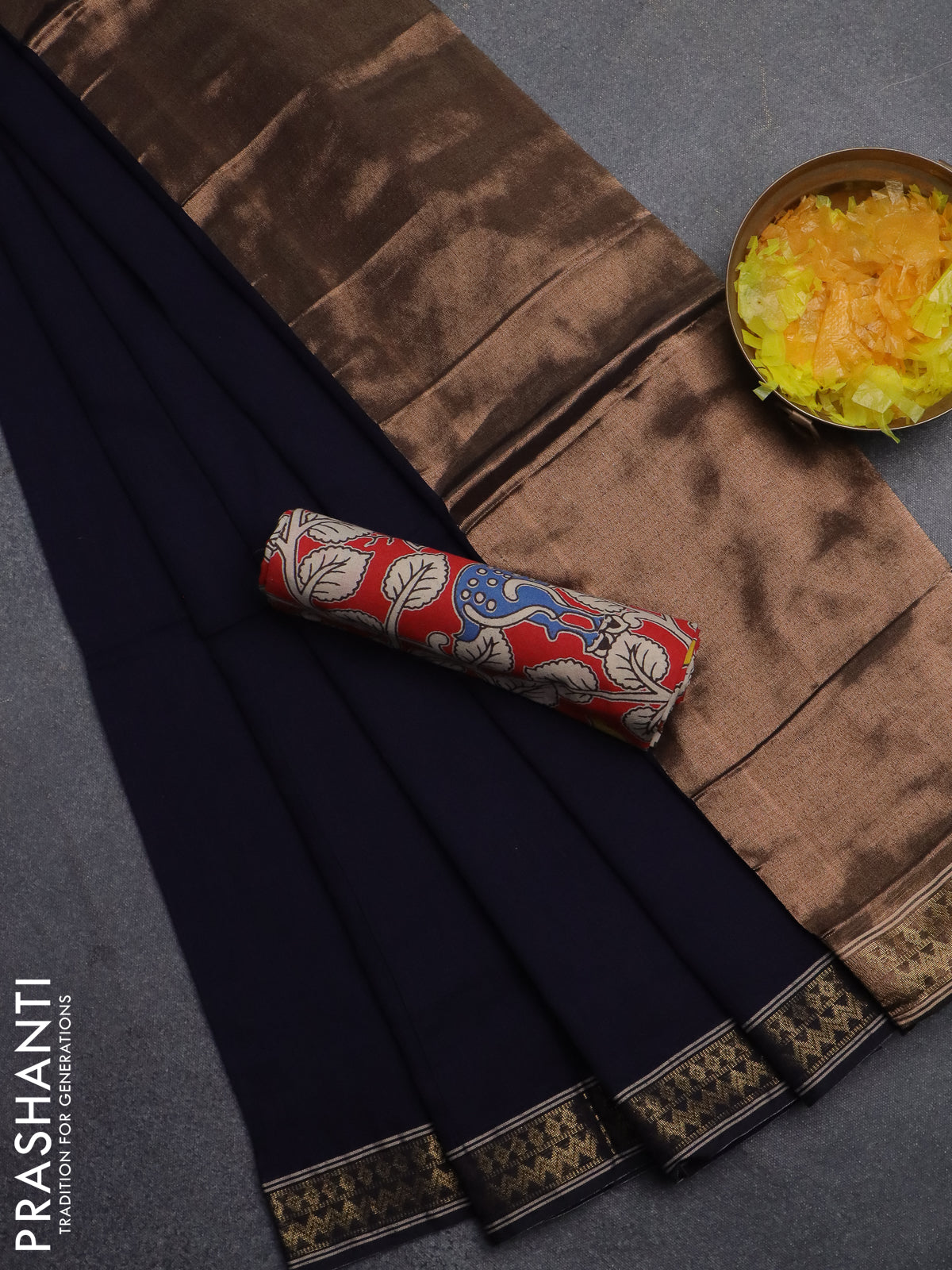 Bengal soft cotton saree navy blue and red with plain body and zari woven border