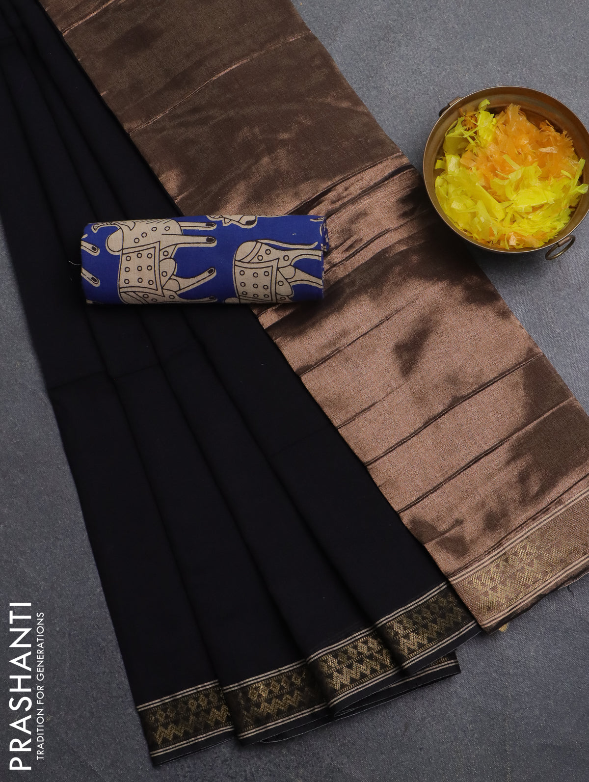 Bengal soft cotton saree black and cs blue with plain body and zari woven border