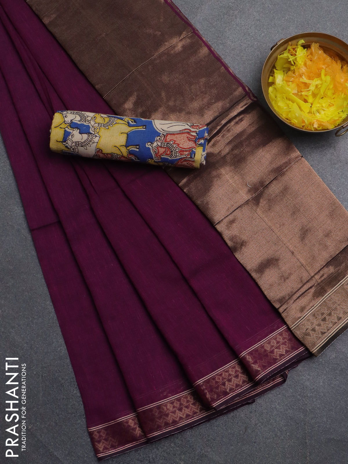 Bengal soft cotton saree purple and blue with plain body and zari woven border