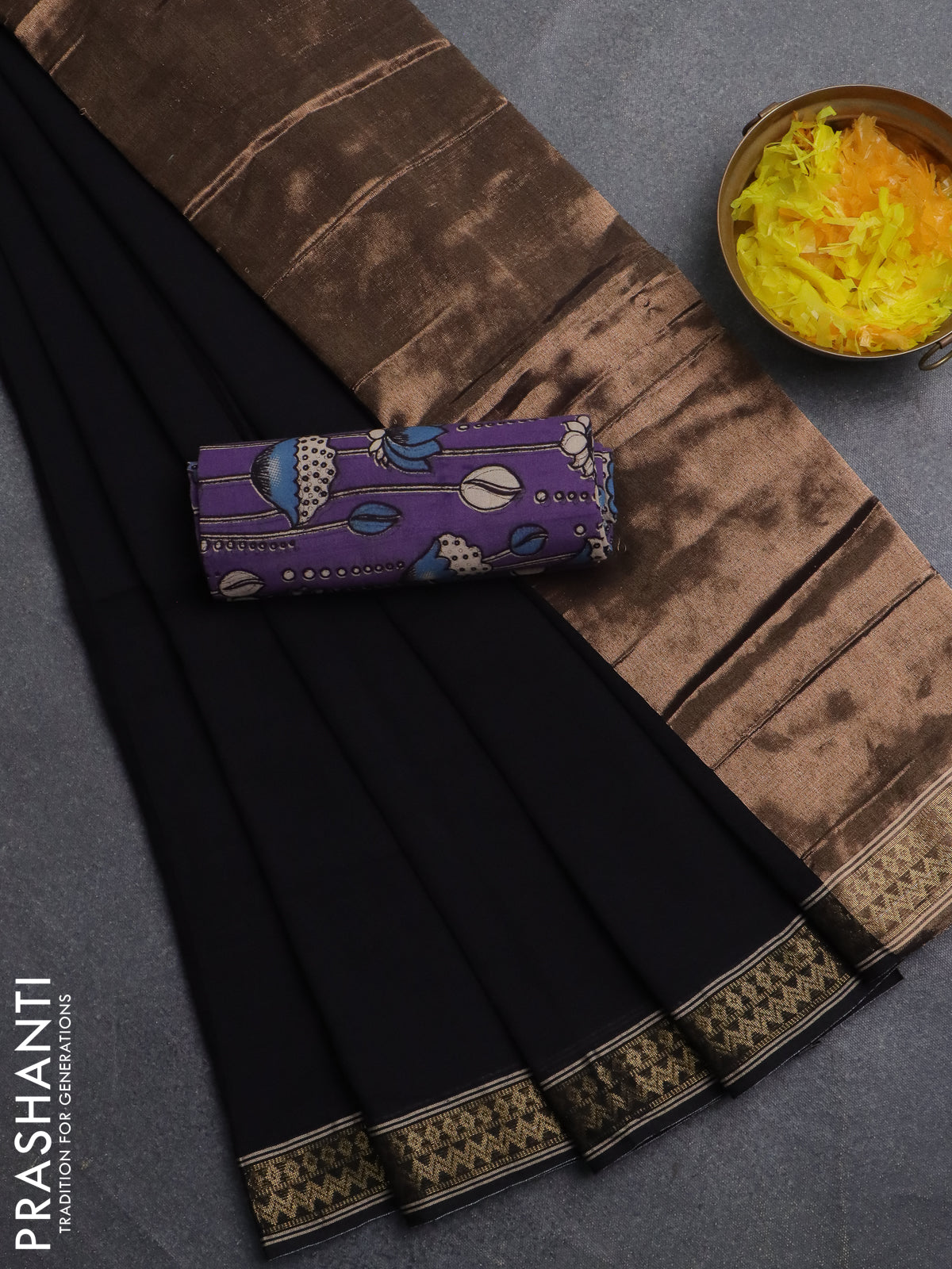 Bengal soft cotton saree black and violet with plain body and zari woven border