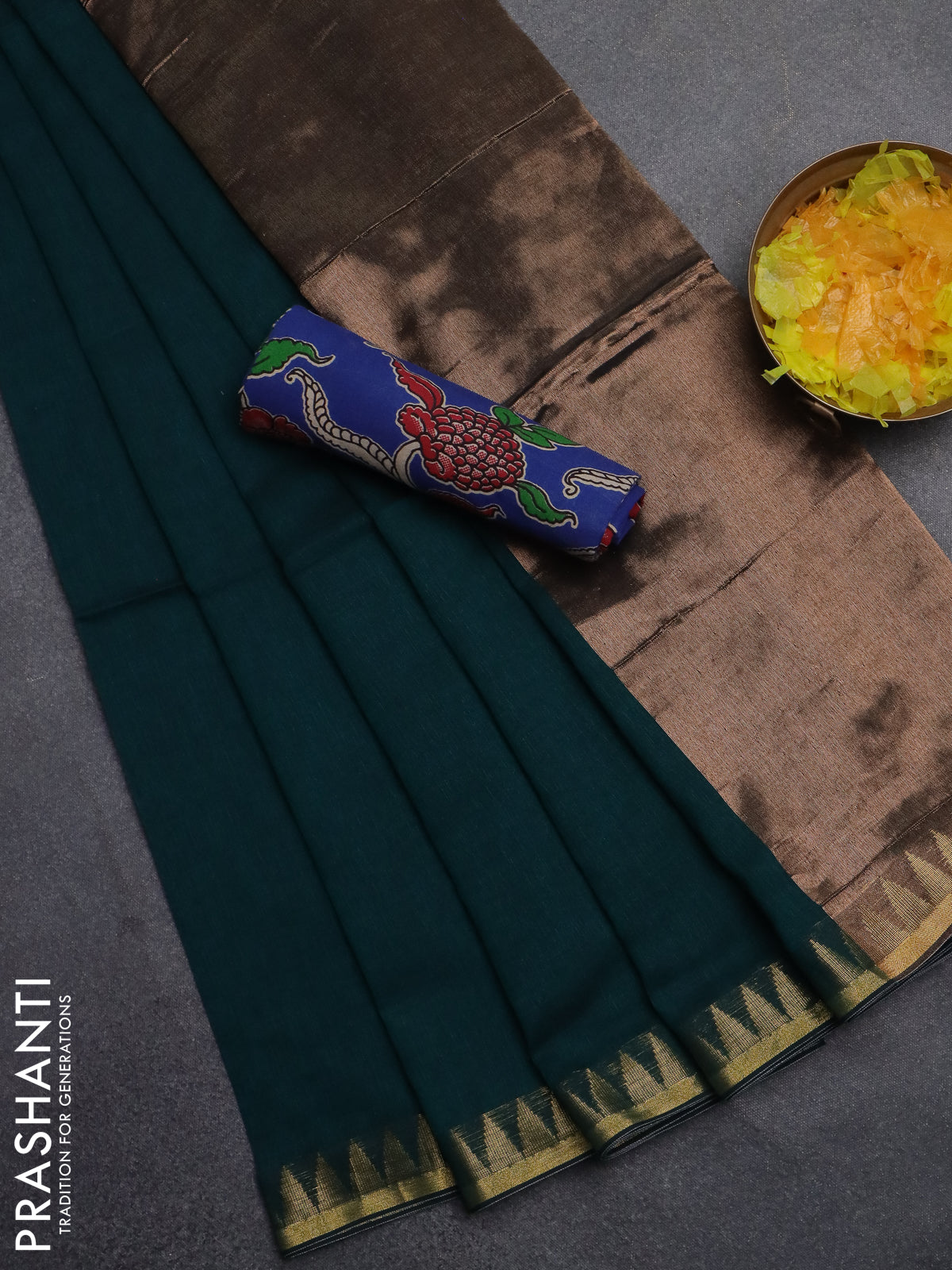 Bengal soft cotton saree peacock green and blue with plain body and zari woven border